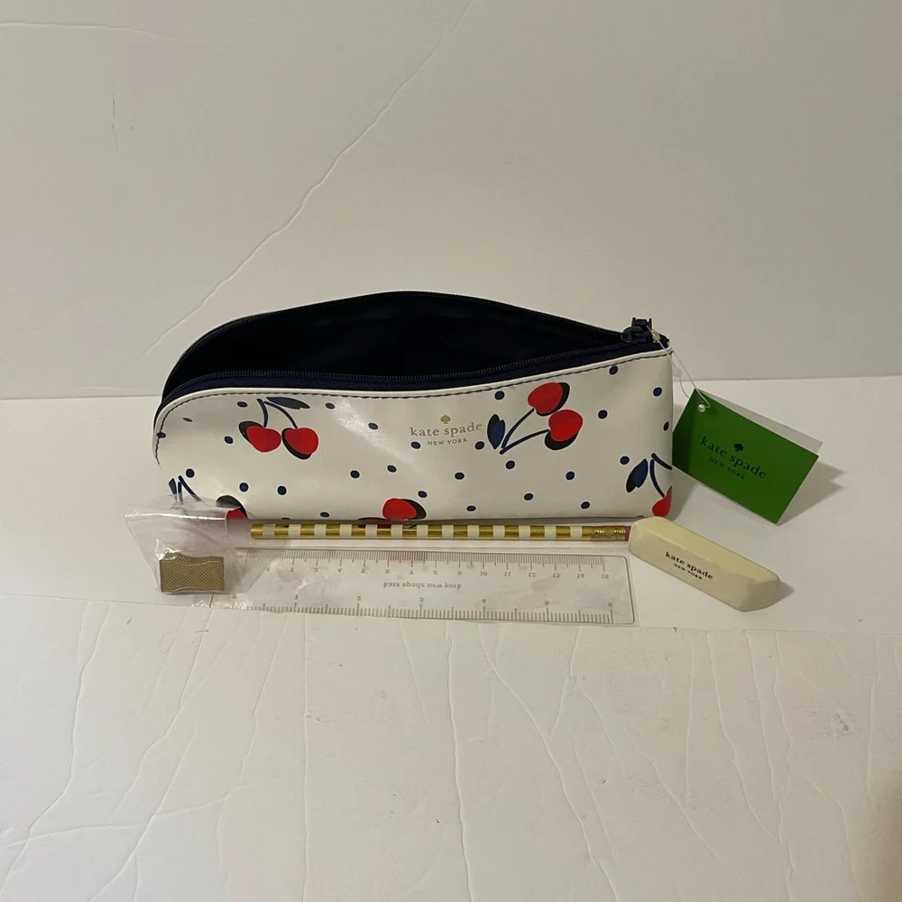 Kate Spade Vintage Cherry & Polka Dot Pencil Case with Accessories - NWT *